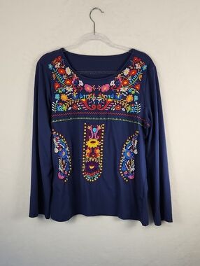 Melliflo Floral Embroidered Peasant Blouse Blue Long Sleeve Mexican Shirt XL